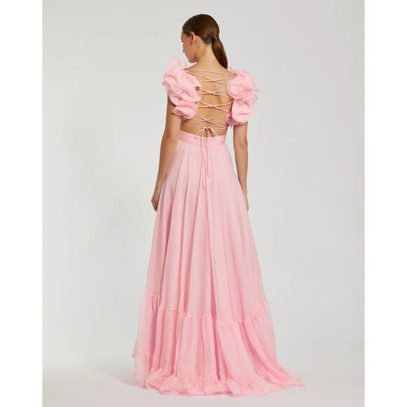 MAC DUGGAL Blush Pink Ruffle Tiered Cut-Out Back Lace Up Maxi Dress Size 2 NWT - Picture 2 of 12